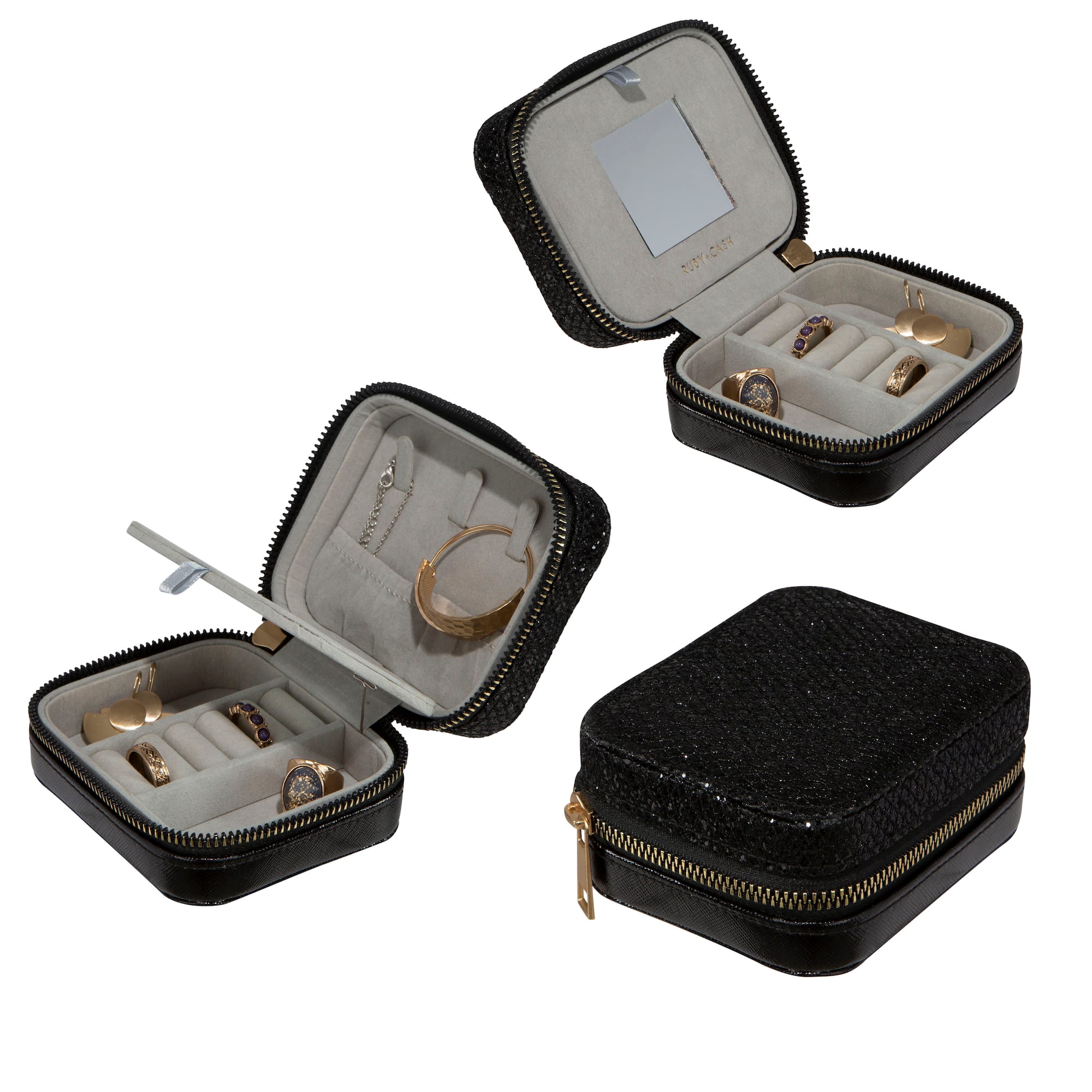 Ruby + Cash Black Sequin Mini Faux Leather Zippered Travel Jewelry Organizer Box